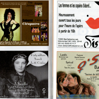 Publicités de bars lesbiens, ainsi que du café Cléopâtre. Deux de ces bars se trouvent sur le Plateau.<br><br>Source : Fugues 1998, édition spéciale #2 (automne/hiver 98-99). Collection des Archives gaies du Québec
