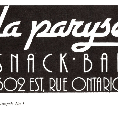 Publicité de La Paryse écrit en blanc sur fond noir. Septembre 1982. Source : Ça s’attrape ! volume 1, numéro 1. Collection des Archives gaies du Québec.
