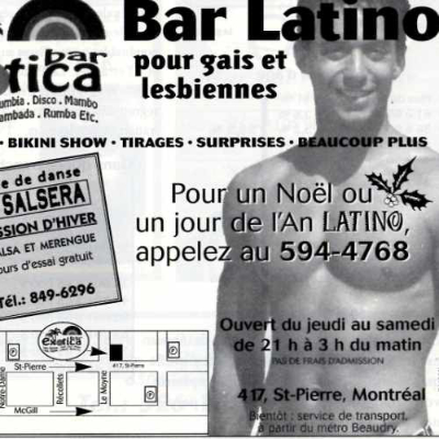 Publicité du bar Exotica. Source: Fugues 1998 vol 14 no. 10. Collection des Archives gaies du Québec
