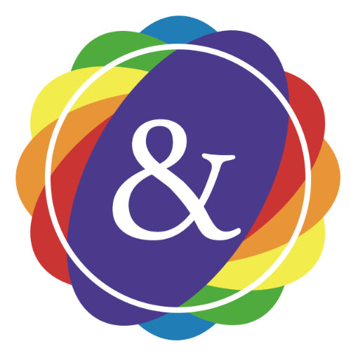 Logo du club LGBTQIA+, Etcetera, du Cégep Dawson. C'est une rosette mutlicolore où le symbole & se trouve sur un ovale mauve. Source : dawsonstudentunion.com/clubs.