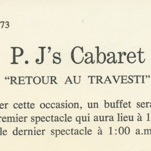 Annonce du P.J.’s «Retour au travesti.» 1er février 1973. AGQ-F0050 Fonds Armand Monroe. Collection des Archives gaies du Québec.