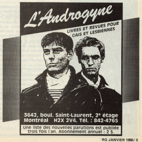 Publicité de l’Androgyne avec un dessin de deux personnes de présentation androgyne en veston noir. 1986. Source : Rencontres gaies. Collection des Archives gaies du Québec.